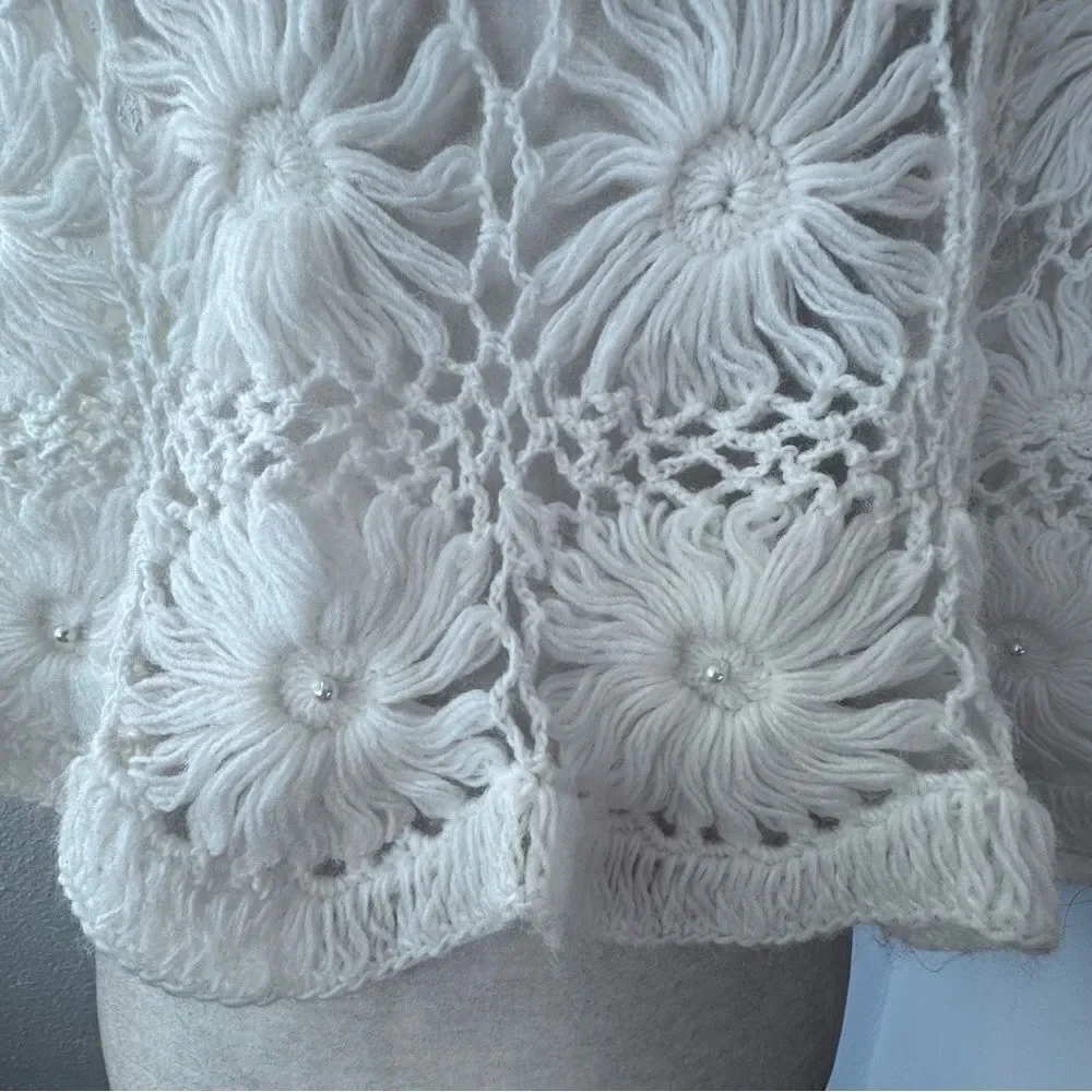 Handmade Crochet Cream Shawl Large Floral Pattern Pearl Detail Handmade